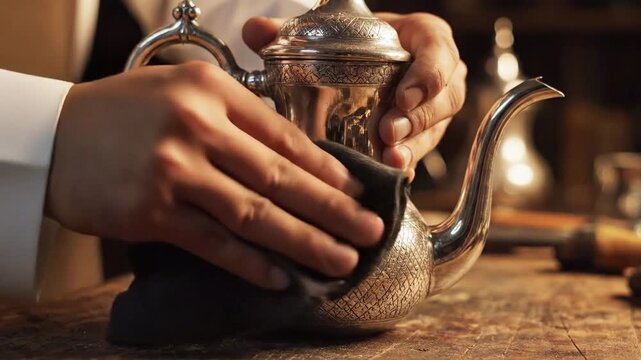 Hands carefully polishing ornate vintage silver teapot with dark cloth, highlighting intricate patterns and reflective surface, traditional craftsmanship