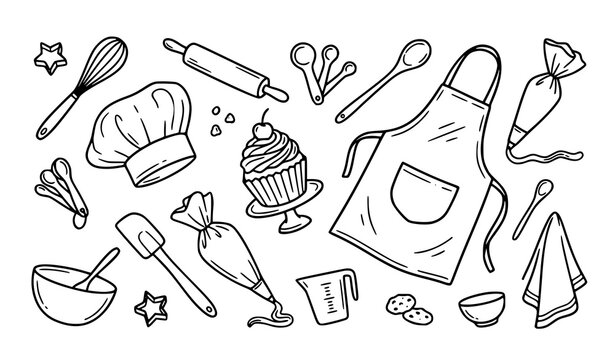 Minimal hand drawn baking tools with apron chef hat cupcake and piping bag simple line art vector