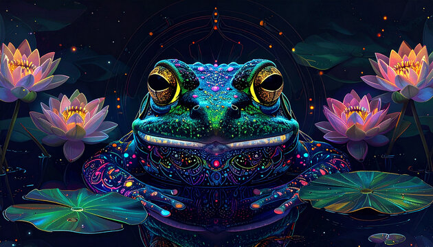 Vibrant frog surrounded by glowing lotus flowers