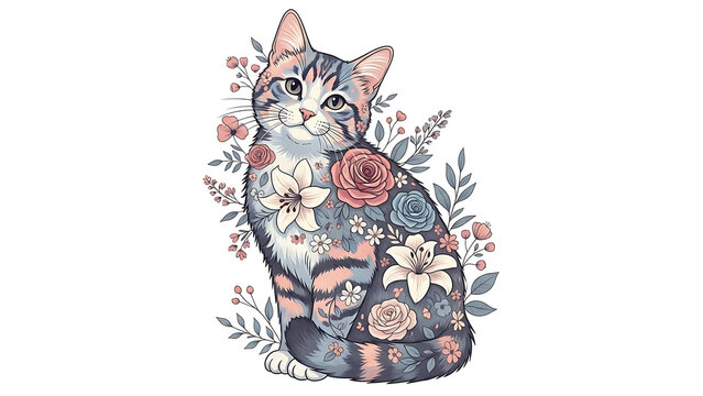 A tabby cat adorned with delicate floral patterns