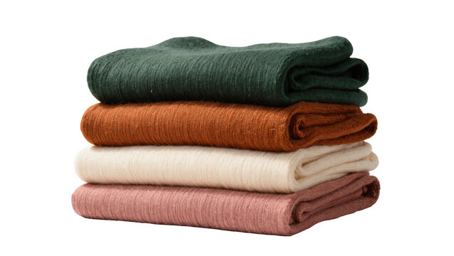 Stack of four folded knitted blankets in green rust cream and pink, isolated on transparent background