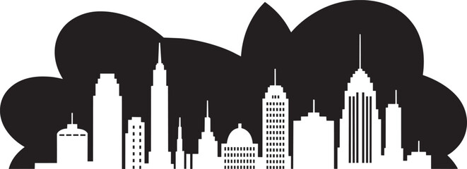 Fototapeta premium Modern cityscape silhouette with tall buildings in front of abstract shapes with modern clean lines