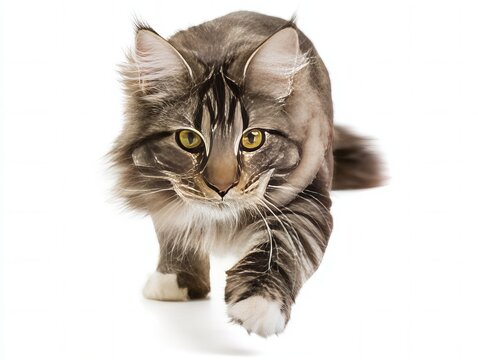 Maine coon running towards camera isolated on white
