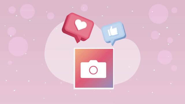 Animated social media icons with camera, heart and thumbs up floating on pink background with bokeh.