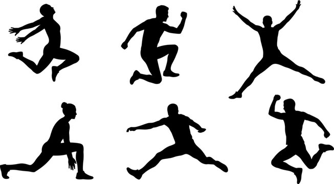 Human silhouettes jumping and running in dynamic poses isolated on white background representing energy, fitness, movement, and active lifestyle concepts