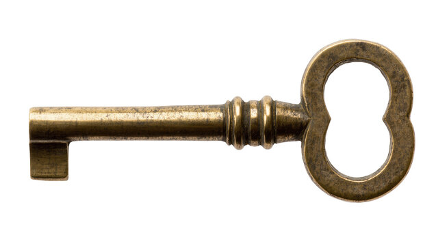 Antique brass skeleton key with ornate bow, isolated on transparent background