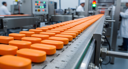 Obraz premium Orange pills moving along a production line in a pharmaceutical factory