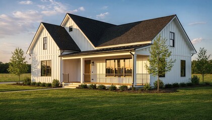 Fototapeta premium Modern Farmhouse Exterior with White Siding and Dark Roof, Surrounded by Green Grass and Trees Under a Clear Sky at Golden Hour, Architecture
