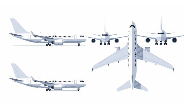 Minimal passenger airplane multi angle vector with side front and top views flat aircraft design isolated on white