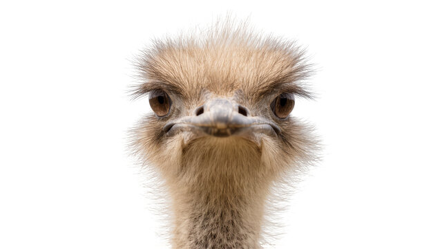 Ostrich head with fluffy feathers looking forward, isolated on transparent background