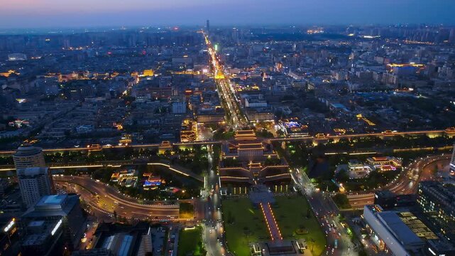 Aerial Night View of Yongning Gate, south gate of Xi'an City Wall, Shaanxi Province, China
