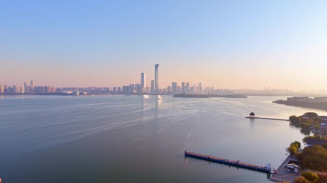 Aerial view of the skyline of Ligong Causeway and Pavilion in Jinji Lake, Suzhou, Jiangsu Province, China.