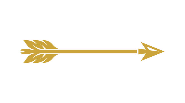 A stylized golden arrow with detailed feather fletching and a simple triangular tip is positioned horizontally against a plain light cream colored background surface.