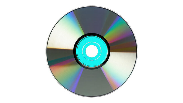 Shiny silver CD disc with cyan center, isolated on transparent background