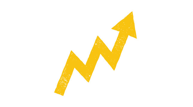 The textured and grainy yellow arrow follows a zigzag path upwards to show development or trends against a plain, bright white surface in an artistic illustration.