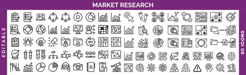 Fototapeta premium Market Research Vector Icon Set, 80 Editable Line Icons for Business Analysis and Data Visualization, Modern UI/UX Design Elements
