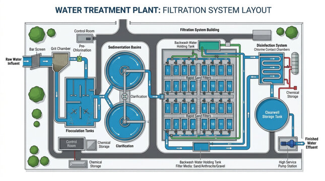 Water Treatment Plant Filtration System Layout Diagram.