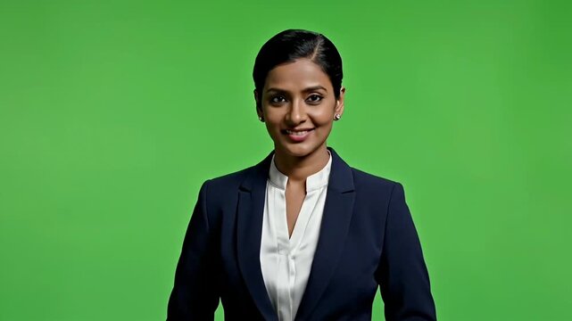 Professional South Asian businesswoman in blue suit smiling and looking sideways, isolated on a green screen for easy chroma key video production.
