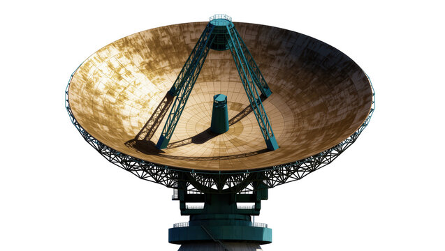 Large parabolic radio telescope dish with teal metal support structure, isolated on transparent background