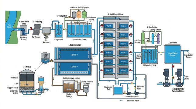 Diagram of a modern water treatment plant facility.