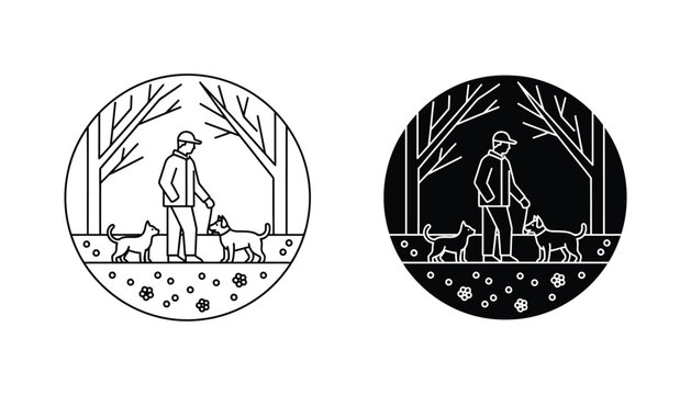 Man walking dogs in forest park scene within circular frame for pet care and outdoor lifestyle branding