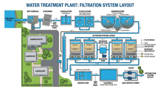 Water Treatment Plant Filtration System Layout Diagram.