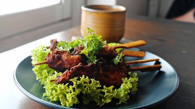 Grilled chicken satay skewers served on fresh green lettuce on a blue plate, wooden table background, traditional Indonesian Sate Ayam, restaurant dining scene.