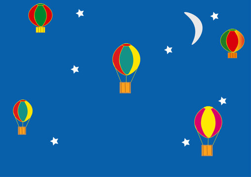 Disegno di mongolfiere per bambini in un cielo notturno con stelle e luna. Adatto per cameretta neonati, bambini, disegni sognare, dormire, riposare.