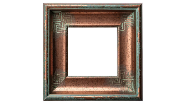 Ornate copper picture frame with Greek key pattern, isolated on transparent background