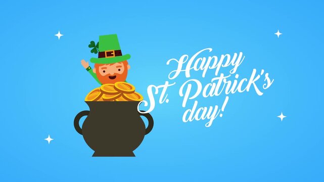 St Patricks day animation featuring leprechaun popping out of golden coin pot with festive greeting text.