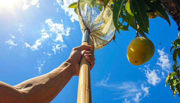 Using a fruit picker pole with a net to harvest a ripe mango from the tree under a bright blue summer sky.