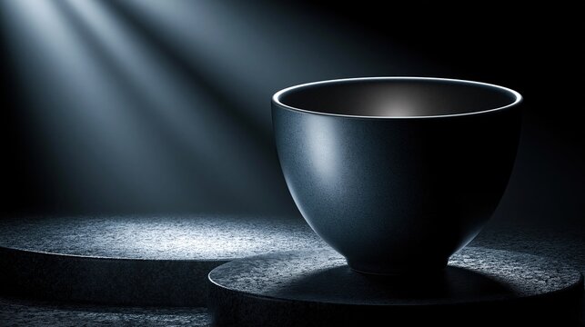 Dark textured empty ceramic bowl displayed on stepped black stone platforms with dramatic beam light creating soft shadows for minimalist modern tableware design