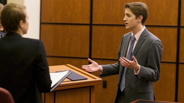 Young male lawyer in formal business suit making argument during courtroom trial while debating opposite attorney at wooden podium in official legal court room