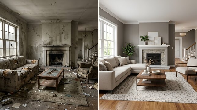 Transformative home renovation showcasing from neglected space to modern living area