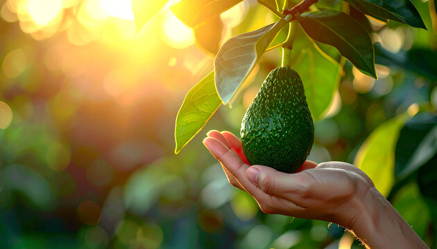 Harvesting organic avocado from the tree with warm natural light and a beautiful bokeh background.
