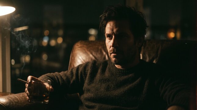 Portrait of a handsome young man with a serious expression and dark hair looking at a gun