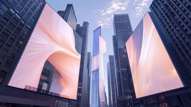 巨大なデジタル広告を表示する高層ビル群の広角写真。スマートシティの建築と未来的な都市景観。近代的な摩天楼と抽象映像
