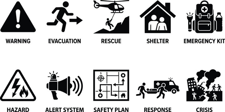 Disaster preparedness and emergency response icons for safety planning