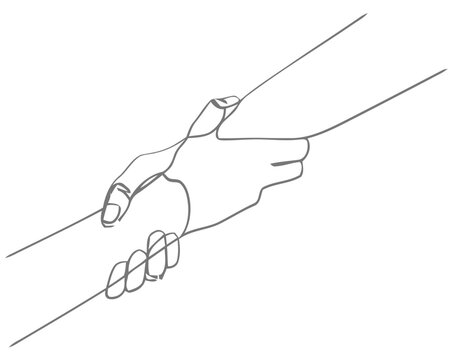 A single line drawing depicts a hand reaching out to grasp another