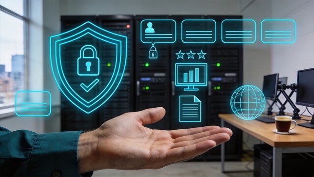 Cybersecurity and data protection concept with hand holding hologram icons in server room digital security cloud computing network safety business technology information privacy