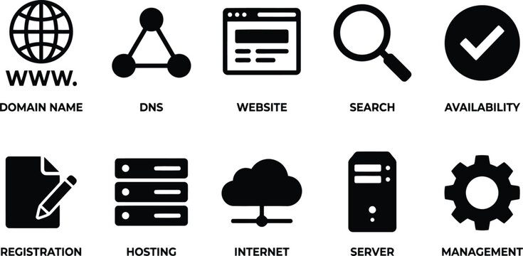 Website Domain Hosting Server Internet Management Icons with Text Labels