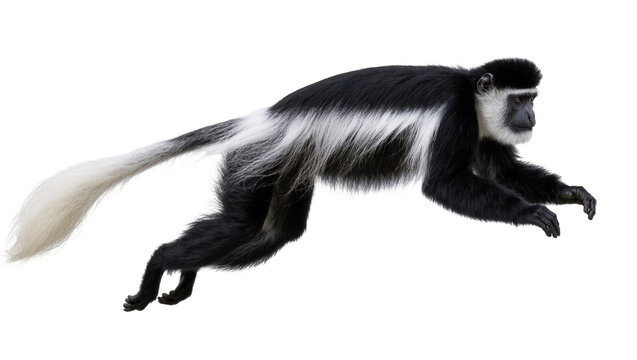 Black and white colobus monkey in motion, isolated on transparent background