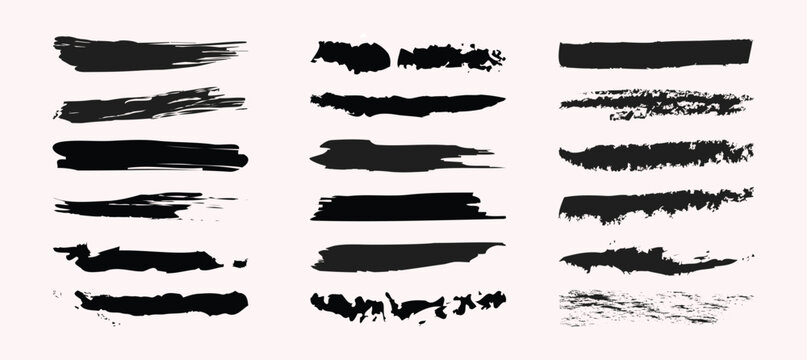Black and white hand drawn paint brush strokes vector set with grunge ink texture and decorative borde