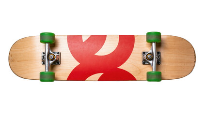 Wooden skateboard with red graphic and green wheels, isolated on transparent background © Emilija