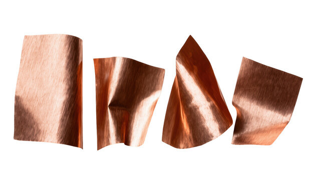 Four crumpled copper foil pieces with metallic sheen, isolated on transparent background