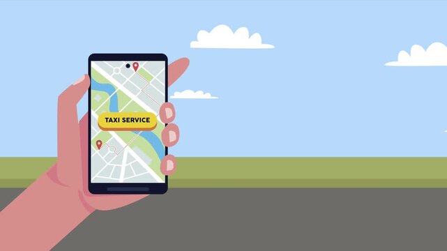Hand holding smartphone with taxi service app showing map and moving yellow taxi cars animation.