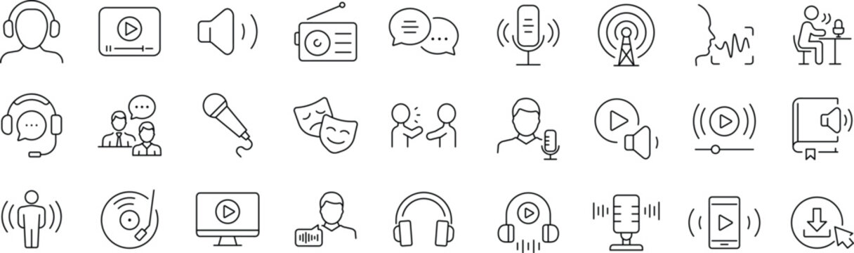 Podcast set of web icons in line style. Editable stroke. Podcast radio linear icon collection. Containing microphone, radio, webcast, broadcast, audio, channel, video, headphones, news, and more.