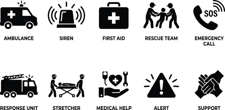 Emergency services icons: ambulance, siren, first aid, rescue, medical help