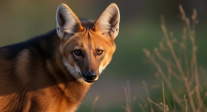 Alert Maned Wolf Standing in Sunlit Grassland at Golden Hour