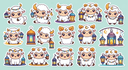 Obraz premium Cute cartoon lamb character sticker set with traditional lanterns for ramadan and eid character illustration traditional celebration collection